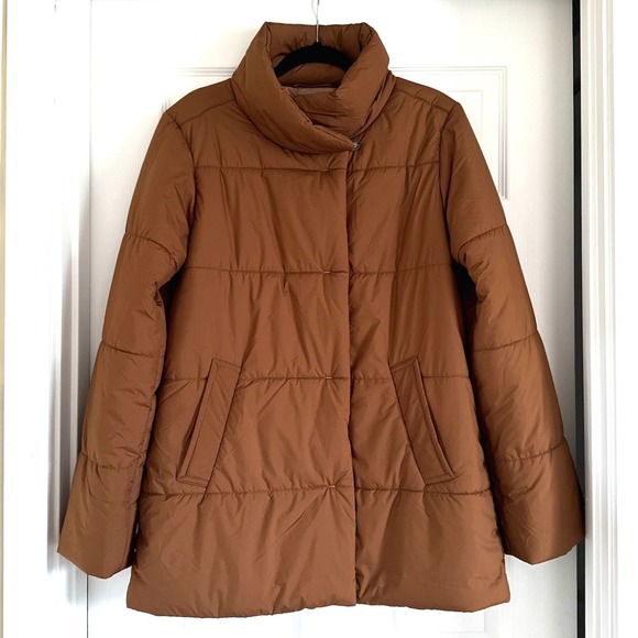 Lilla P Women's Puffer Jacket Car Coat Brown Quilted High Neck Snap Front Size S - Picture 1 of 11